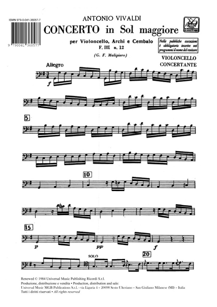 Concerti Per Vc., Archi E B.C.: In Sol Rv 413